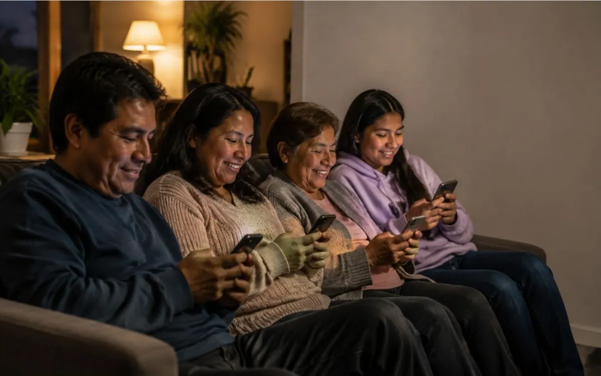 Familia peruana reunida en casa disfrutando historias desde sus celulares
